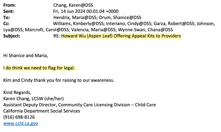 Email from Karen Chang, CCLD: "Hi Shanice and Maria, I do think we need to flag for legal.  Kim and Cindy thank you for raising to our awareness." 